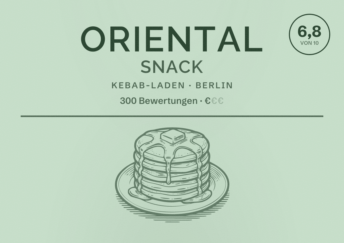 Illustriertes Poster von Oriental Snack, Kebab-Laden in Berlin: Bewertung 6,8 von 10 aus 300 Bewertungen, Preisniveau €