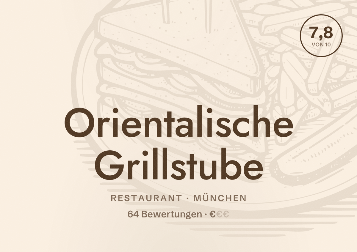 Illustriertes Poster von Orientalische Grillstube, Restaurant in München: Bewertung 7,8 von 10 aus 64 Bewertungen, Preisniveau €