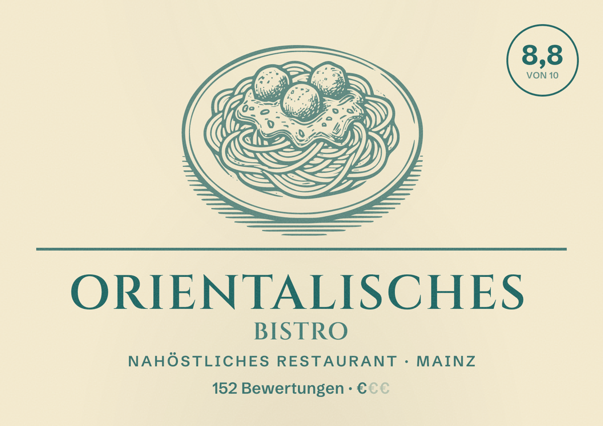 Illustriertes Poster von Orientalisches Bistro, Nahöstliches Restaurant in Mainz: Bewertung 8,8 von 10 aus 152 Bewertungen, Preisniveau €