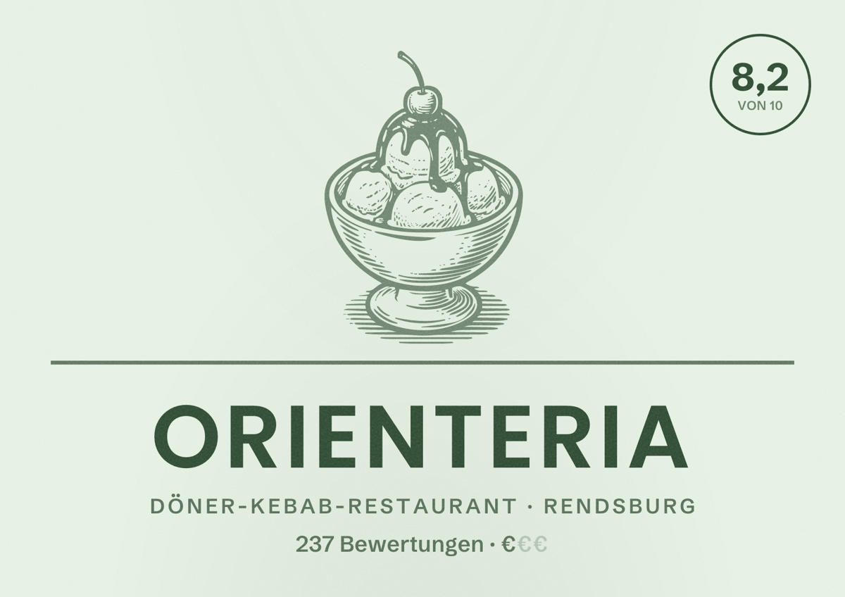Illustriertes Poster von Orienteria, Döner-Kebab-Restaurant in Rendsburg: Bewertung 8,2 von 10 aus 237 Bewertungen, Preisniveau €