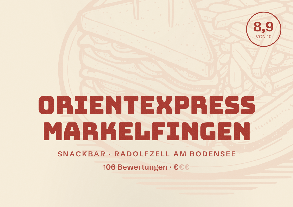 Illustriertes Poster von Orientexpress Markelfingen, Snackbar in Radolfzell am Bodensee: Bewertung 8,9 von 10 aus 106 Bewertungen, Preisniveau €