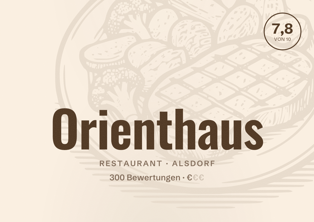 Illustriertes Poster von Orienthaus, Restaurant in Alsdorf: Bewertung 7,8 von 10 aus 300 Bewertungen, Preisniveau €