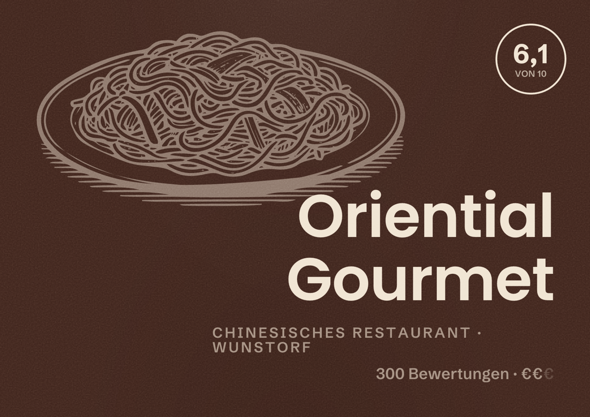 Illustriertes Poster von Oriential Gourmet, Chinesisches Restaurant in Wunstorf: Bewertung 6,1 von 10 aus 300 Bewertungen, Preisniveau €€