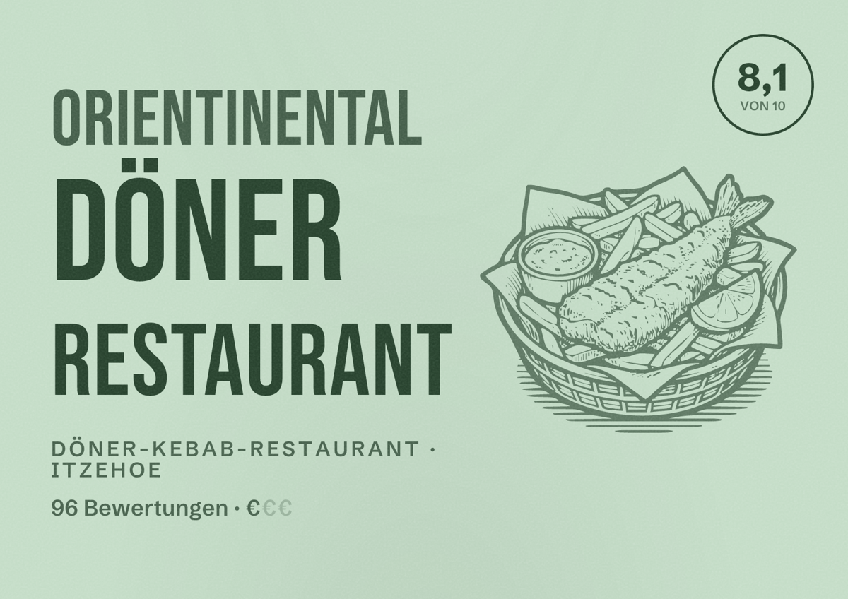 Illustriertes Poster von Orientinental Döner Restaurant, Döner-Kebab-Restaurant in Itzehoe: Bewertung 8,1 von 10 aus 96 Bewertungen, Preisniveau €