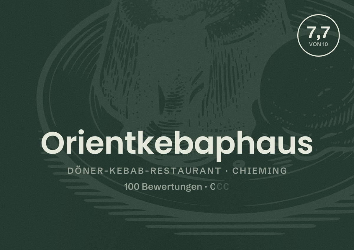 Illustriertes Poster von Orientkebaphaus, Döner-Kebab-Restaurant in Chieming: Bewertung 7,7 von 10 aus 100 Bewertungen, Preisniveau €