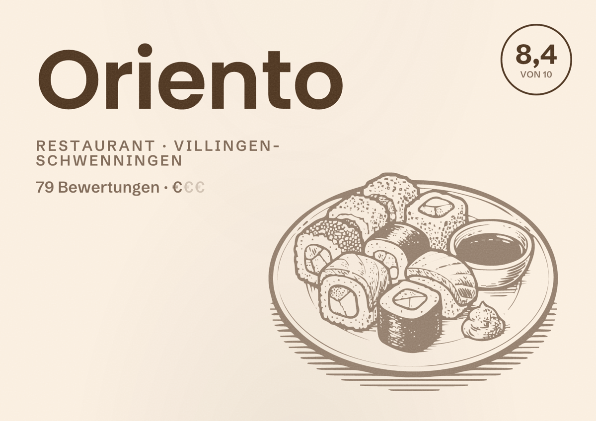Illustriertes Poster von Oriento, Restaurant in Villingen-Schwenningen: Bewertung 8,4 von 10 aus 79 Bewertungen, Preisniveau €