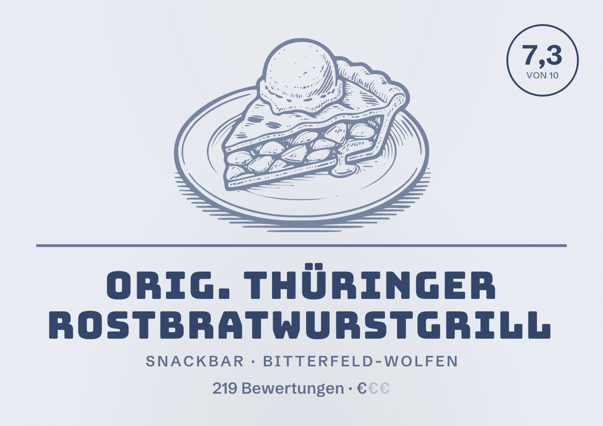 Illustriertes Poster von Orig. Thüringer Rostbratwurstgrill, Snackbar in Bitterfeld-Wolfen: Bewertung 7,3 von 10 aus 219 Bewertungen, Preisniveau €