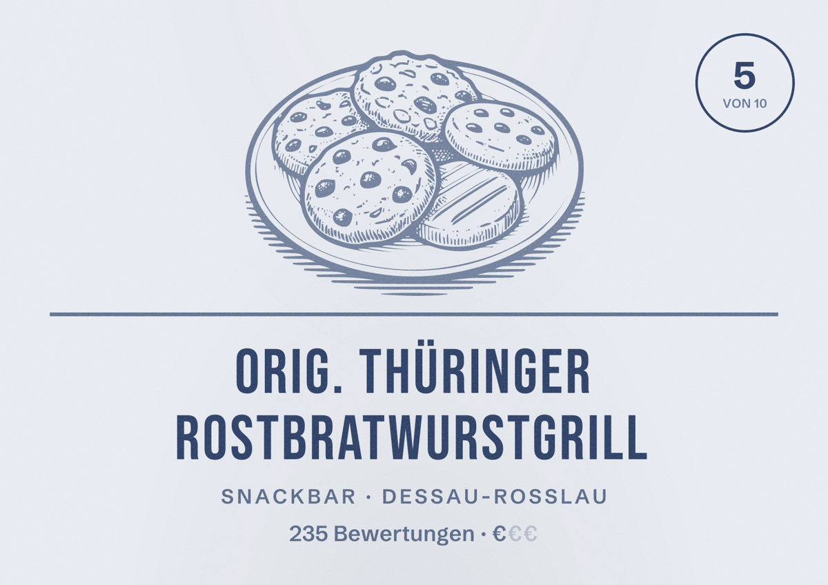 Illustriertes Poster von Orig. Thüringer Rostbratwurstgrill, Snackbar in Dessau-Roßlau: Bewertung 5 von 10 aus 235 Bewertungen, Preisniveau €