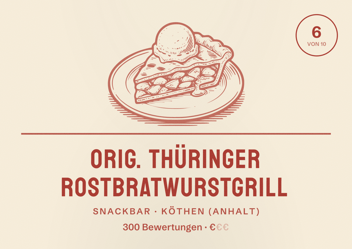 Illustriertes Poster von Orig. Thüringer Rostbratwurstgrill, Snackbar in Köthen (Anhalt): Bewertung 6 von 10 aus 300 Bewertungen, Preisniveau €