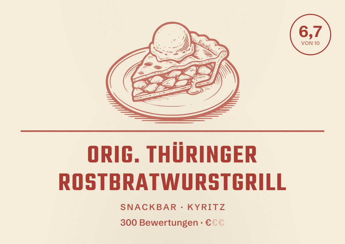 Illustriertes Poster von Orig. Thüringer Rostbratwurstgrill, Snackbar in Kyritz: Bewertung 6,7 von 10 aus 300 Bewertungen, Preisniveau €