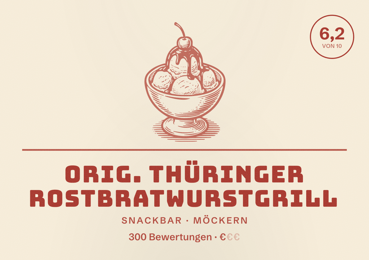 Illustriertes Poster von Orig. Thüringer Rostbratwurstgrill, Snackbar in Möckern: Bewertung 6,2 von 10 aus 300 Bewertungen, Preisniveau €