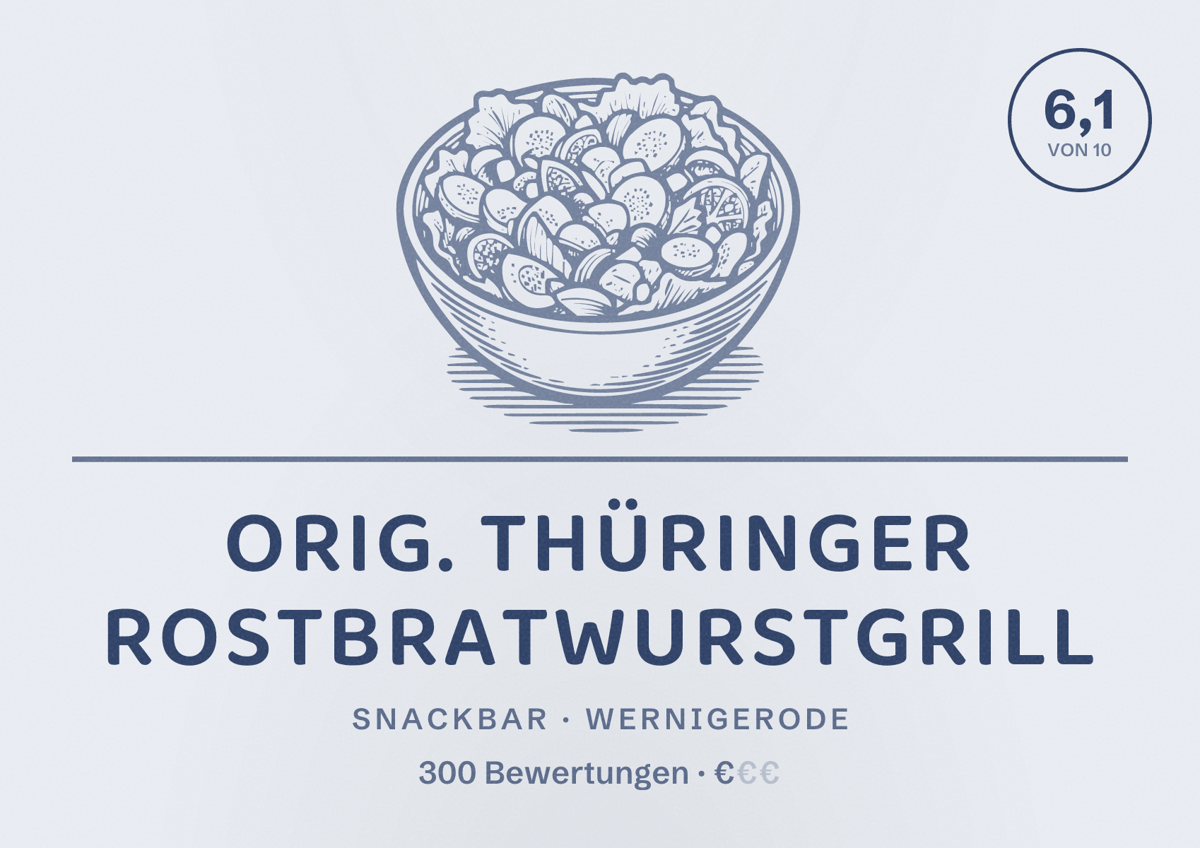 Illustriertes Poster von Orig. Thüringer Rostbratwurstgrill, Snackbar in Wernigerode: Bewertung 6,1 von 10 aus 300 Bewertungen, Preisniveau €