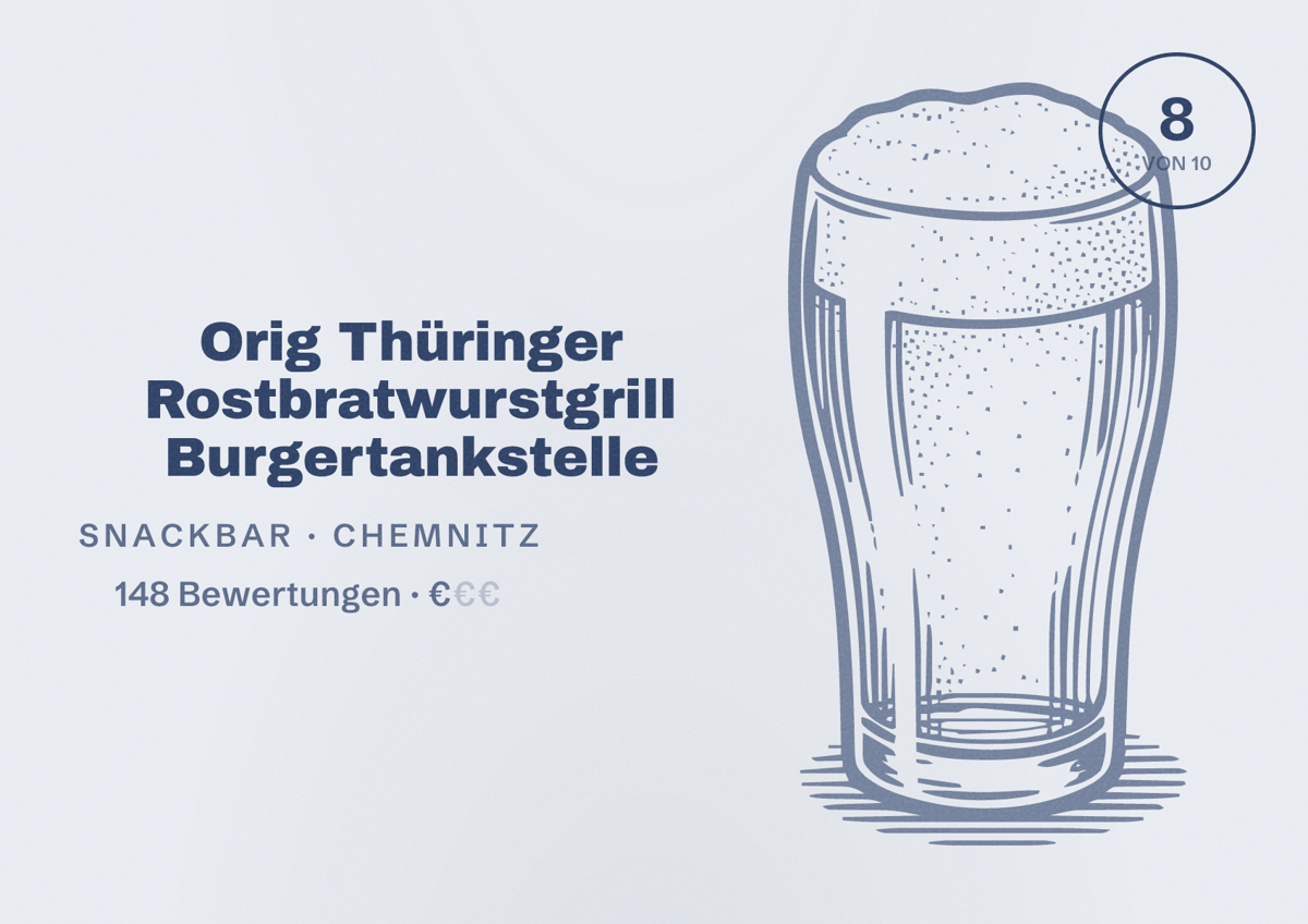 Illustriertes Poster von Orig Thüringer Rostbratwurstgrill Burgertankstelle, Snackbar in Chemnitz: Bewertung 8,0 von 10 aus 148 Bewertungen, Preisniveau €
