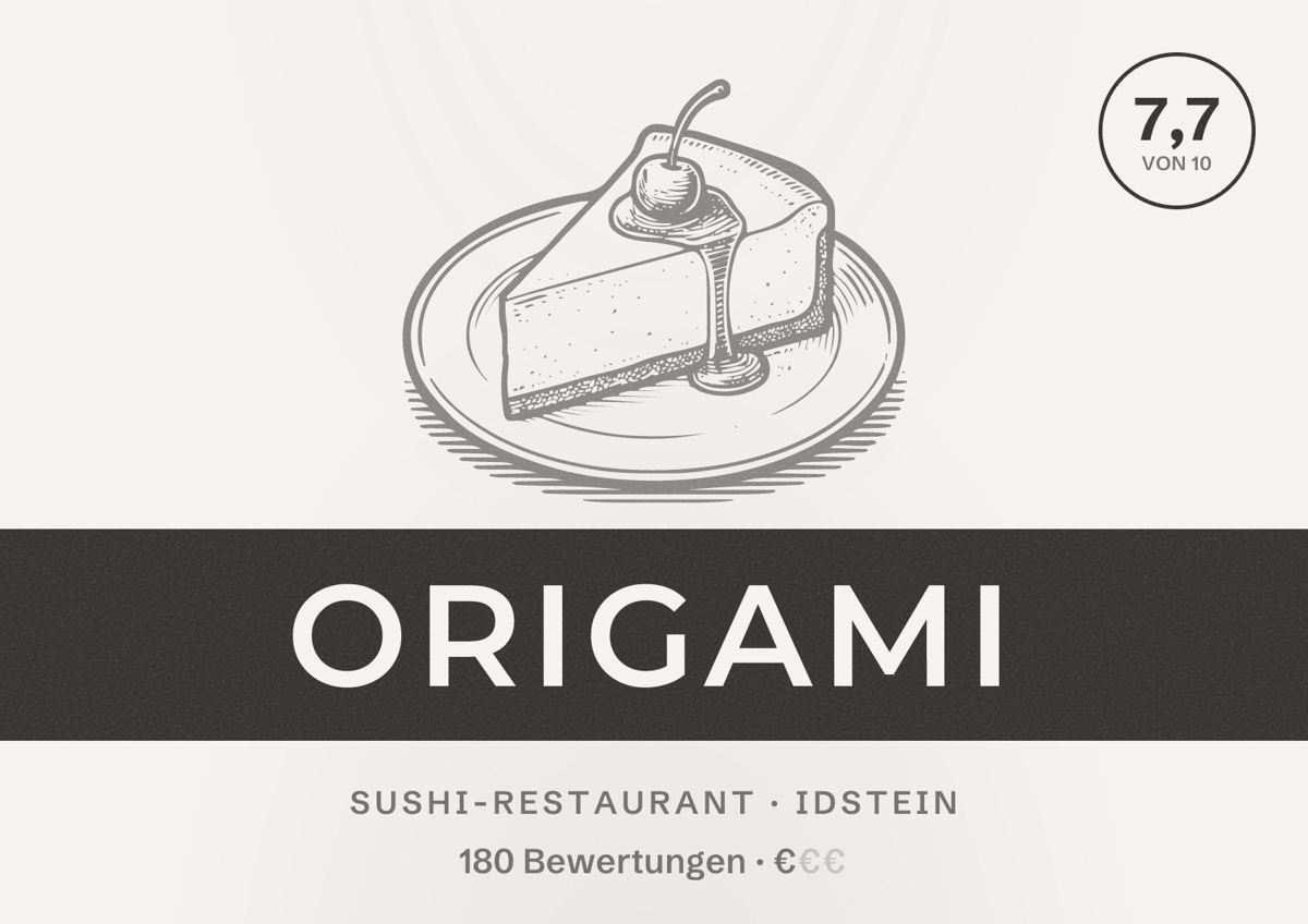 Illustriertes Poster von Origami, Sushi-Restaurant in Idstein: Bewertung 7,7 von 10 aus 180 Bewertungen, Preisniveau €