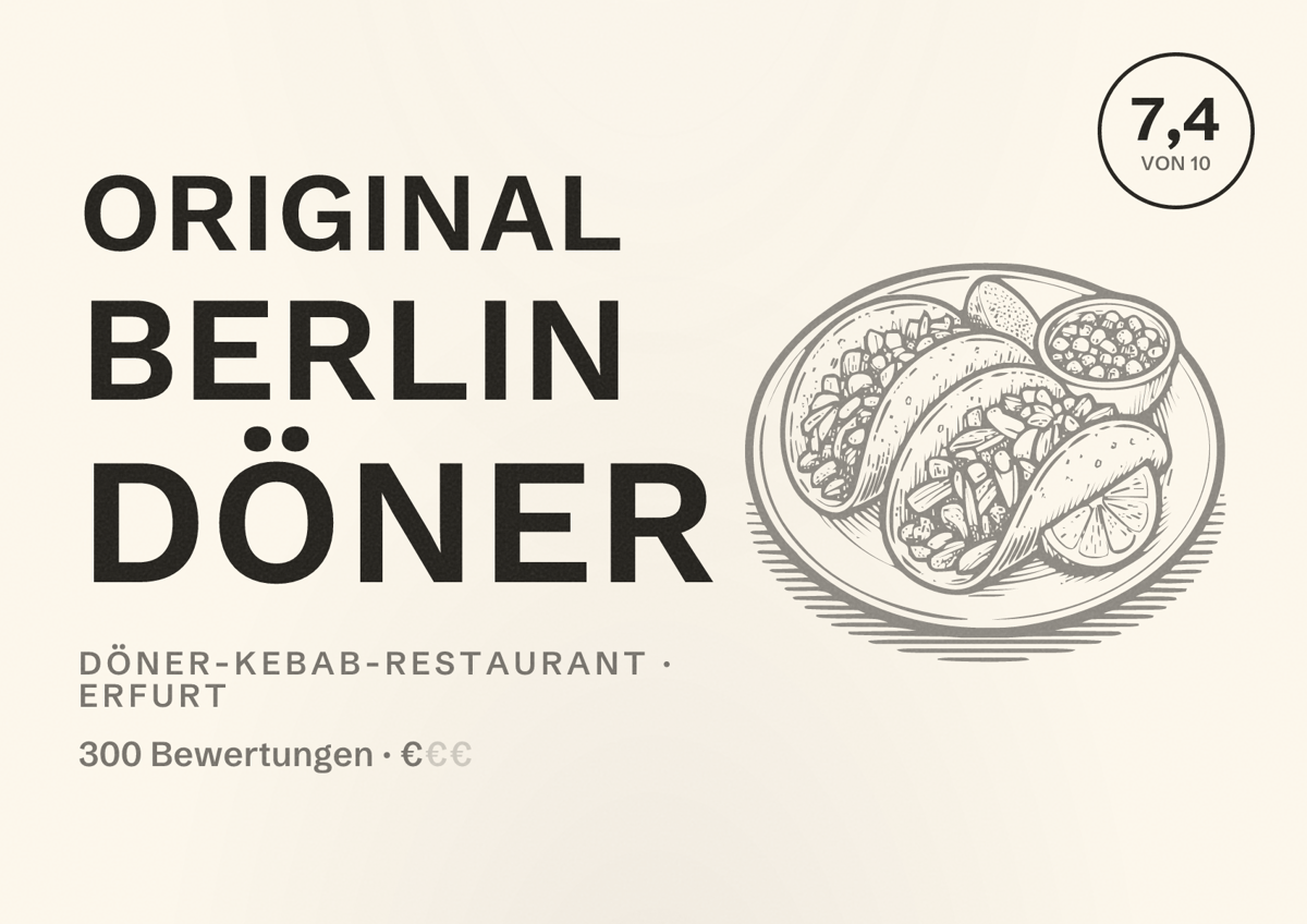 Illustriertes Poster von Original Berlin Döner, Döner-Kebab-Restaurant in Erfurt: Bewertung 7,4 von 10 aus 300 Bewertungen, Preisniveau €
