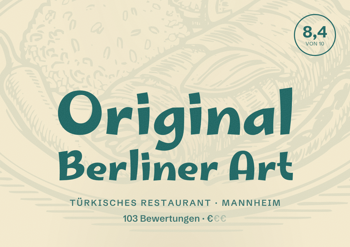 Illustriertes Poster von Original Berliner Art, Türkisches Restaurant in Mannheim: Bewertung 8,4 von 10 aus 103 Bewertungen, Preisniveau €