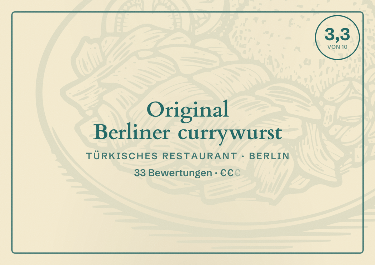 Illustriertes Poster von Original Berliner currywurst, Türkisches Restaurant in Berlin: Bewertung 3,3 von 10 aus 33 Bewertungen, Preisniveau €€