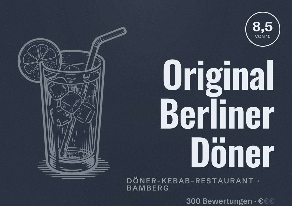 Illustriertes Poster von Original Berliner Döner, Döner-Kebab-Restaurant in Bamberg: Bewertung 8,5 von 10 aus 300 Bewertungen, Preisniveau €