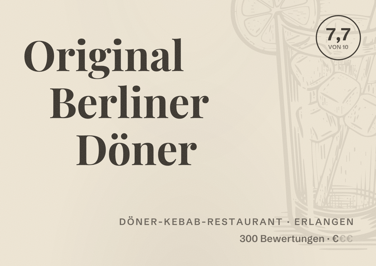 Illustriertes Poster von Original Berliner Döner, Döner-Kebab-Restaurant in Erlangen: Bewertung 7,7 von 10 aus 300 Bewertungen, Preisniveau €