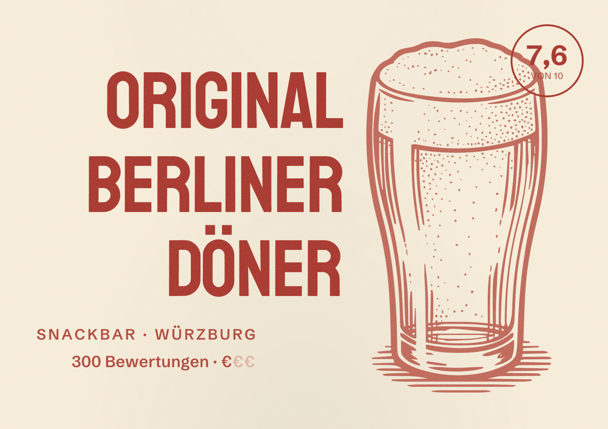Illustriertes Poster von Original Berliner Döner, Snackbar in Würzburg: Bewertung 7,6 von 10 aus 300 Bewertungen, Preisniveau €
