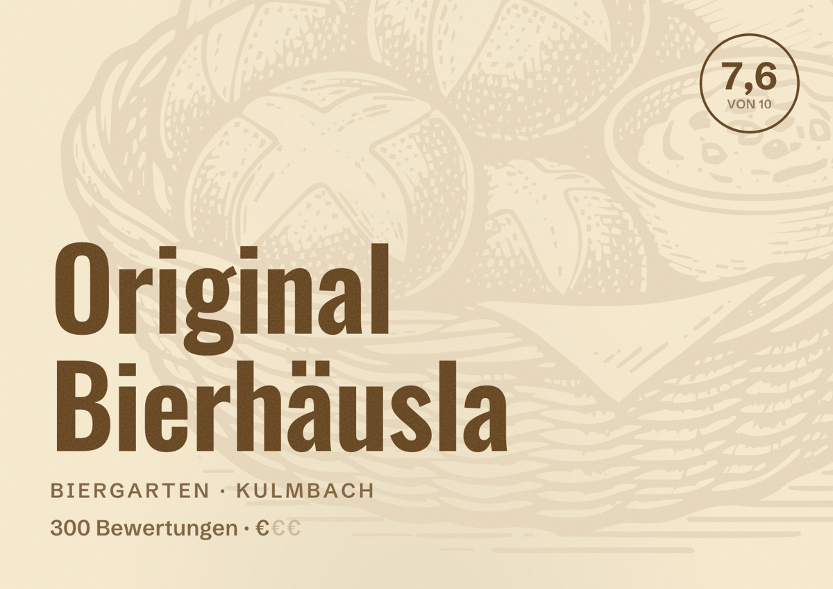 Illustriertes Poster von Original Bierhäusla, Biergarten in Kulmbach: Bewertung 7,6 von 10 aus 300 Bewertungen, Preisniveau €