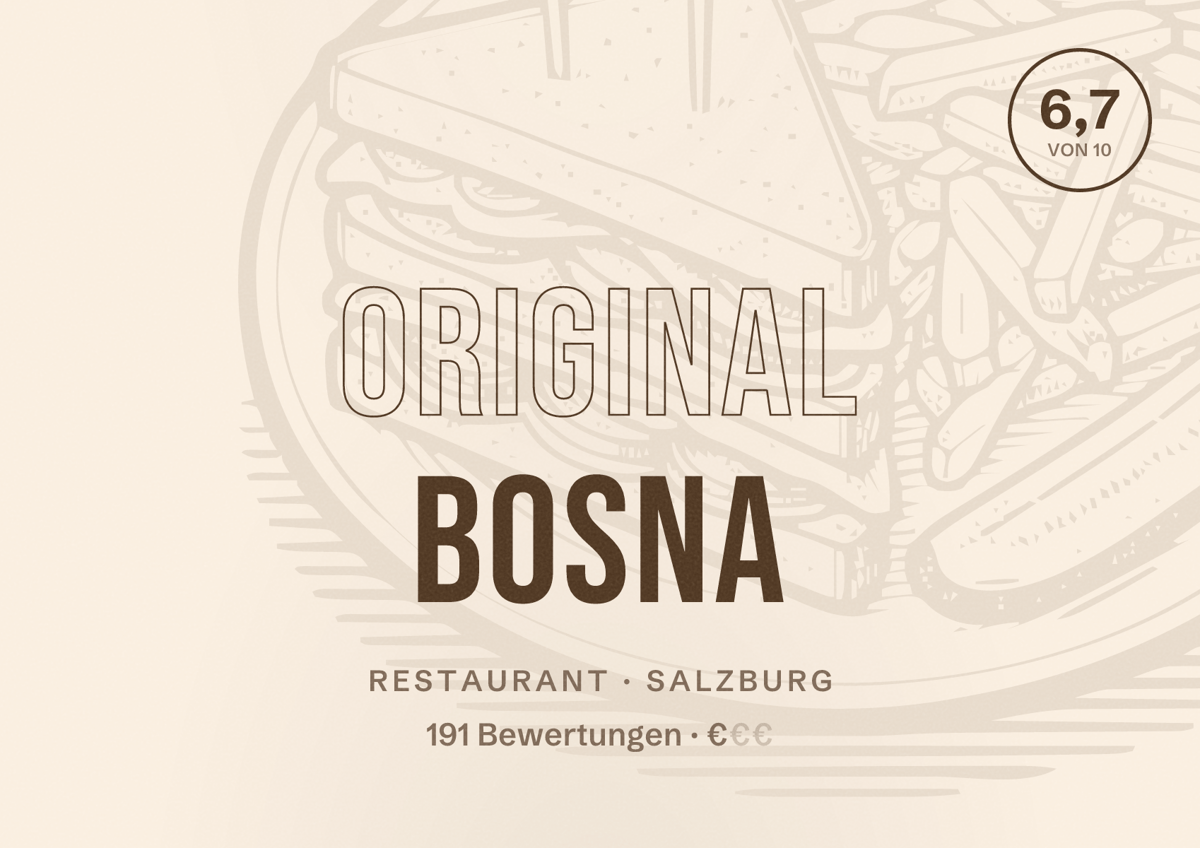 Illustriertes Poster von Original Bosna, Restaurant in Salzburg: Bewertung 6,7 von 10 aus 191 Bewertungen, Preisniveau €