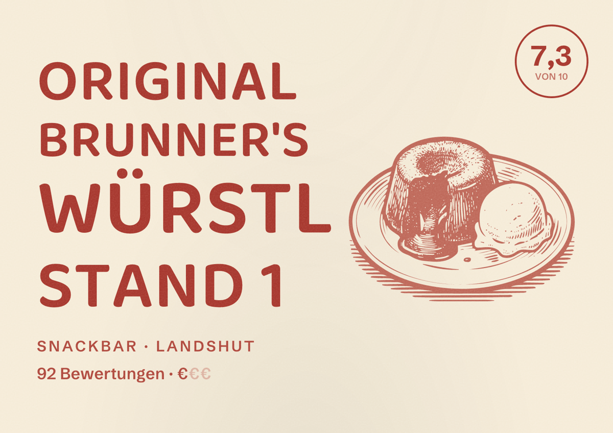 Illustriertes Poster von Original Brunner's Würstl Stand 1, Snackbar in Landshut: Bewertung 7,3 von 10 aus 92 Bewertungen, Preisniveau €