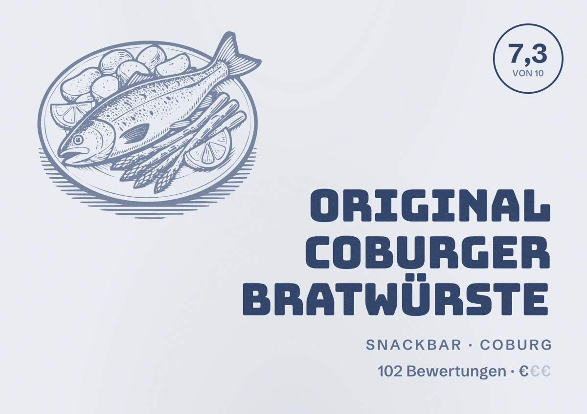 Illustriertes Poster von Original Coburger Bratwürste, Snackbar in Coburg: Bewertung 7,3 von 10 aus 102 Bewertungen, Preisniveau €