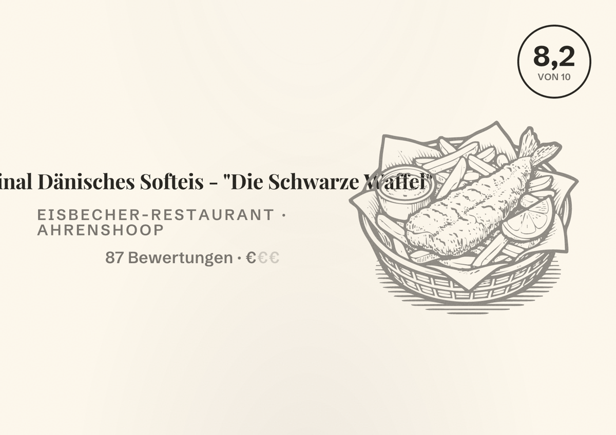 Illustriertes Poster von Original Dänisches Softeis - "Die Schwarze Waffel", Eisbecher-Restaurant in Ahrenshoop: Bewertung 8,2 von 10 aus 87 Bewertungen, Preisniveau €