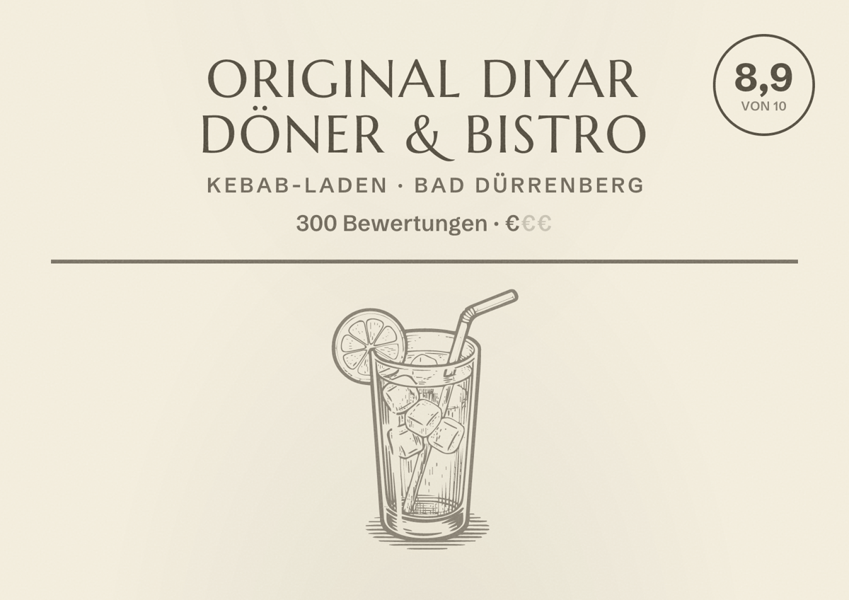 Illustriertes Poster von Original Diyar Döner & Bistro, Kebab-Laden in Bad Dürrenberg: Bewertung 8,9 von 10 aus 300 Bewertungen, Preisniveau €