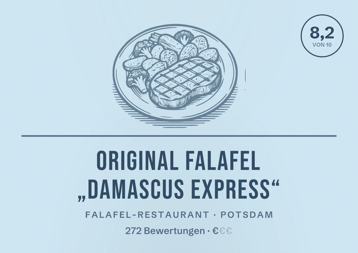 Illustriertes Poster von original FALAFEL „Damascus Express“, Falafel-Restaurant in Potsdam: Bewertung 8,2 von 10 aus 272 Bewertungen, Preisniveau €