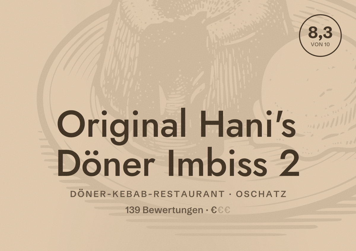 Illustriertes Poster von Original Hani's Döner Imbiss 2, Döner-Kebab-Restaurant in Oschatz: Bewertung 8,3 von 10 aus 139 Bewertungen, Preisniveau €