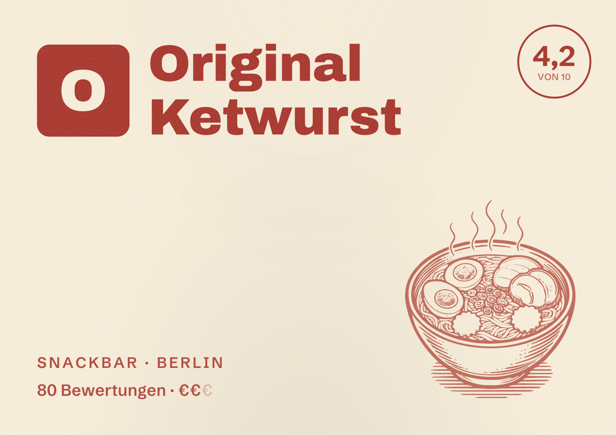 Illustriertes Poster von Original Ketwurst, Snackbar in Berlin: Bewertung 4,2 von 10 aus 80 Bewertungen, Preisniveau €€