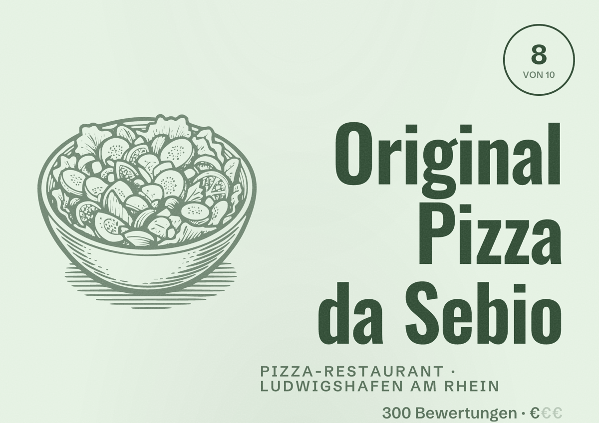 Illustriertes Poster von Original Pizza da Sebio, Pizza-Restaurant in Ludwigshafen am Rhein: Bewertung 8 von 10 aus 300 Bewertungen, Preisniveau €