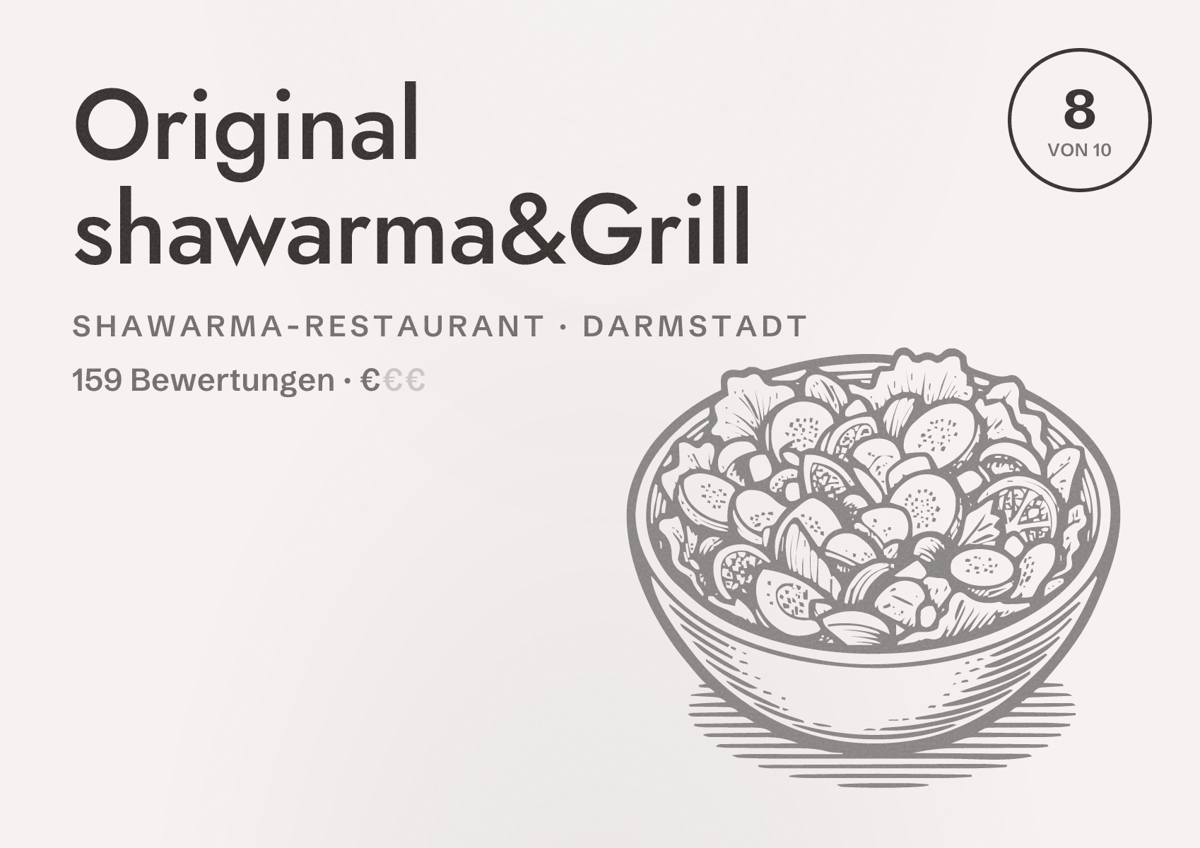 Illustriertes Poster von Original shawarma&Grill, Shawarma-Restaurant in Darmstadt: Bewertung 8 von 10 aus 159 Bewertungen, Preisniveau €