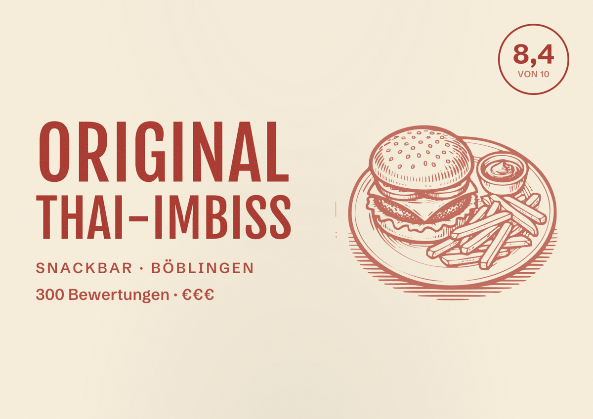 Illustriertes Poster von Original Thai-Imbiss, Snackbar in Böblingen: Bewertung 8,4 von 10 aus 300 Bewertungen, Preisniveau €€€