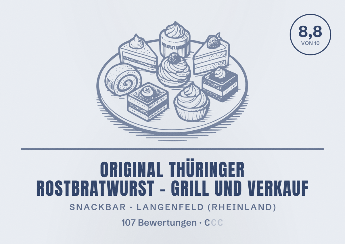 Illustriertes Poster von Original Thüringer Rostbratwurst - Grill und Verkauf, Snackbar in Langenfeld (Rheinland): Bewertung 8,8 von 10 aus 107 Bewertungen, Preisniveau €