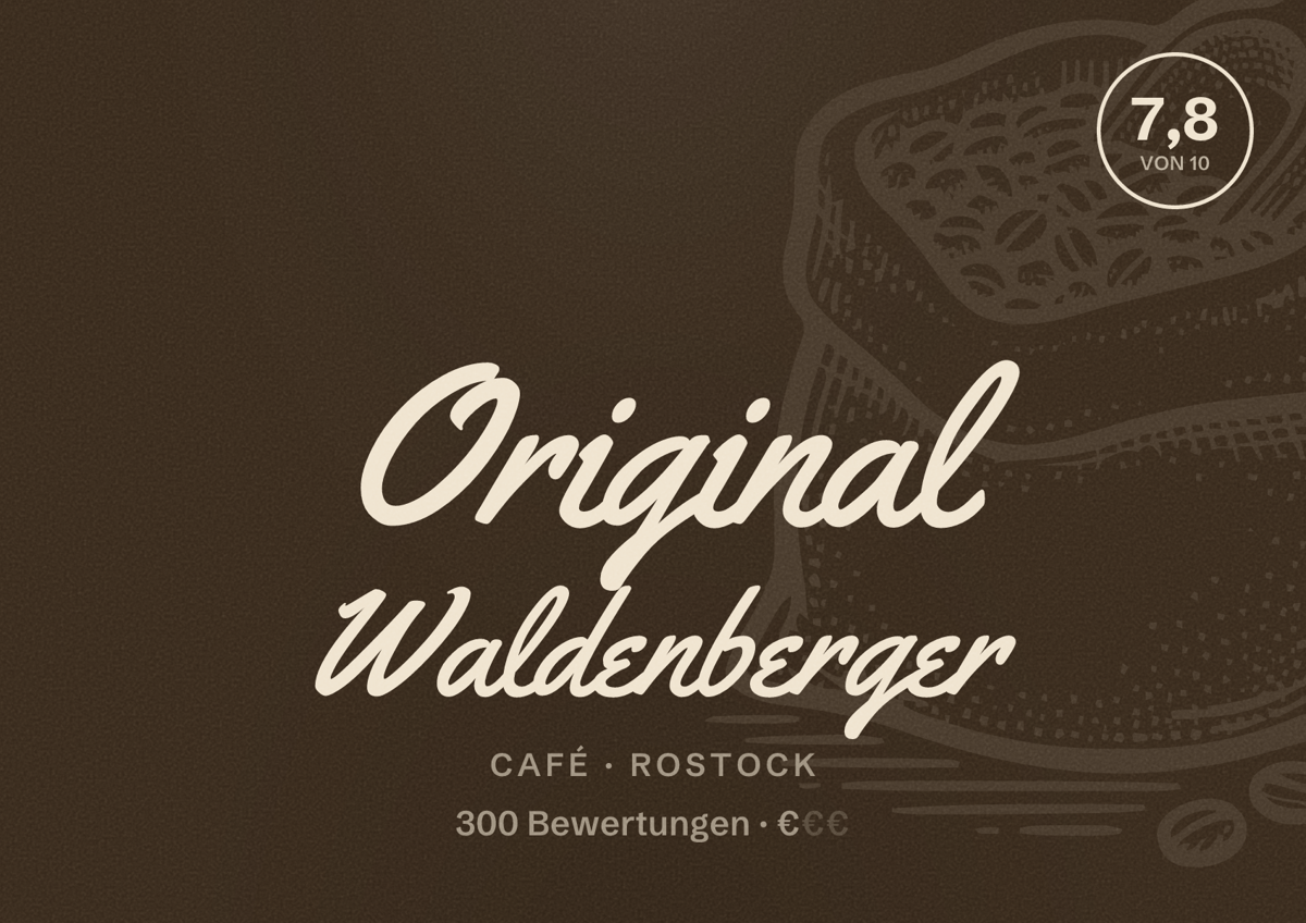 Illustriertes Poster von Original Waldenberger, Café in Rostock: Bewertung 7,8 von 10 aus 300 Bewertungen, Preisniveau €