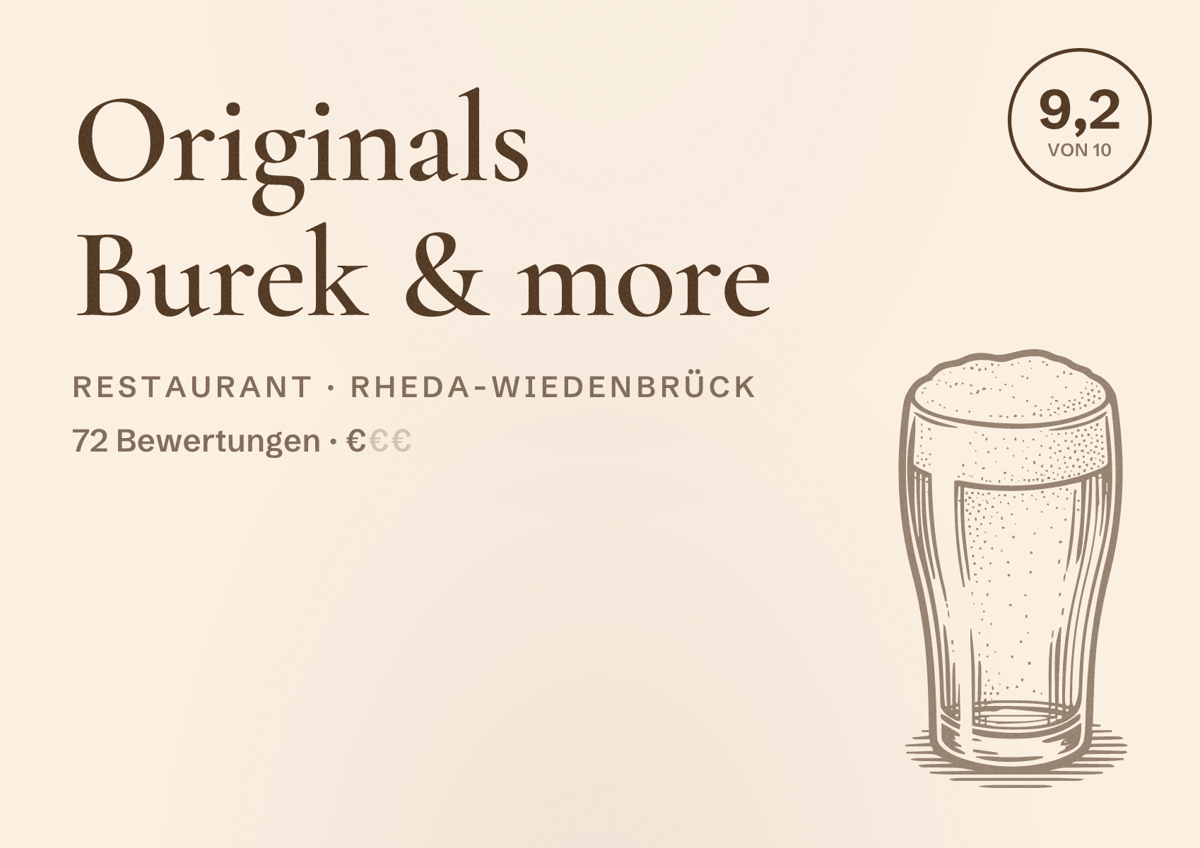 Illustriertes Poster von Originals Burek & more, Restaurant in Rheda-Wiedenbrück: Bewertung 9,2 von 10 aus 72 Bewertungen, Preisniveau €