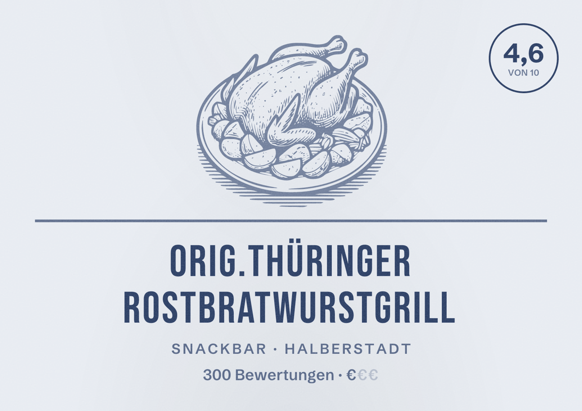 Illustriertes Poster von Orig.Thüringer Rostbratwurstgrill, Snackbar in Halberstadt: Bewertung 4,6 von 10 aus 300 Bewertungen, Preisniveau €