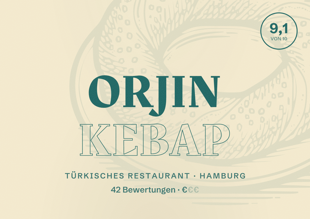 Illustriertes Poster von Orjin Kebap, Türkisches Restaurant in Hamburg: Bewertung 9,1 von 10 aus 42 Bewertungen, Preisniveau €