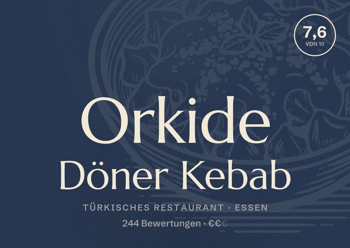Illustriertes Poster von Orkide Döner Kebab, Türkisches Restaurant in Essen: Bewertung 7,6 von 10 aus 244 Bewertungen, Preisniveau €€