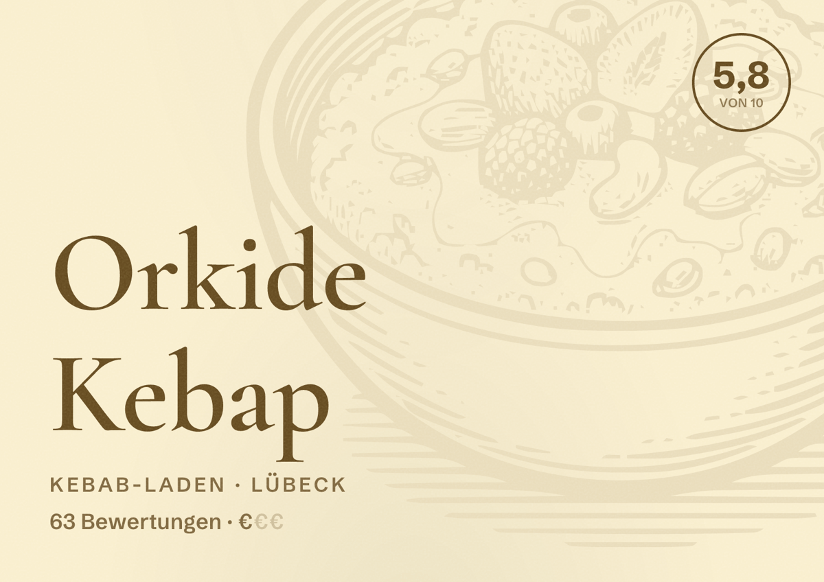 Illustriertes Poster von Orkide Kebap, Kebab-Laden in Lübeck: Bewertung 5,8 von 10 aus 63 Bewertungen, Preisniveau €