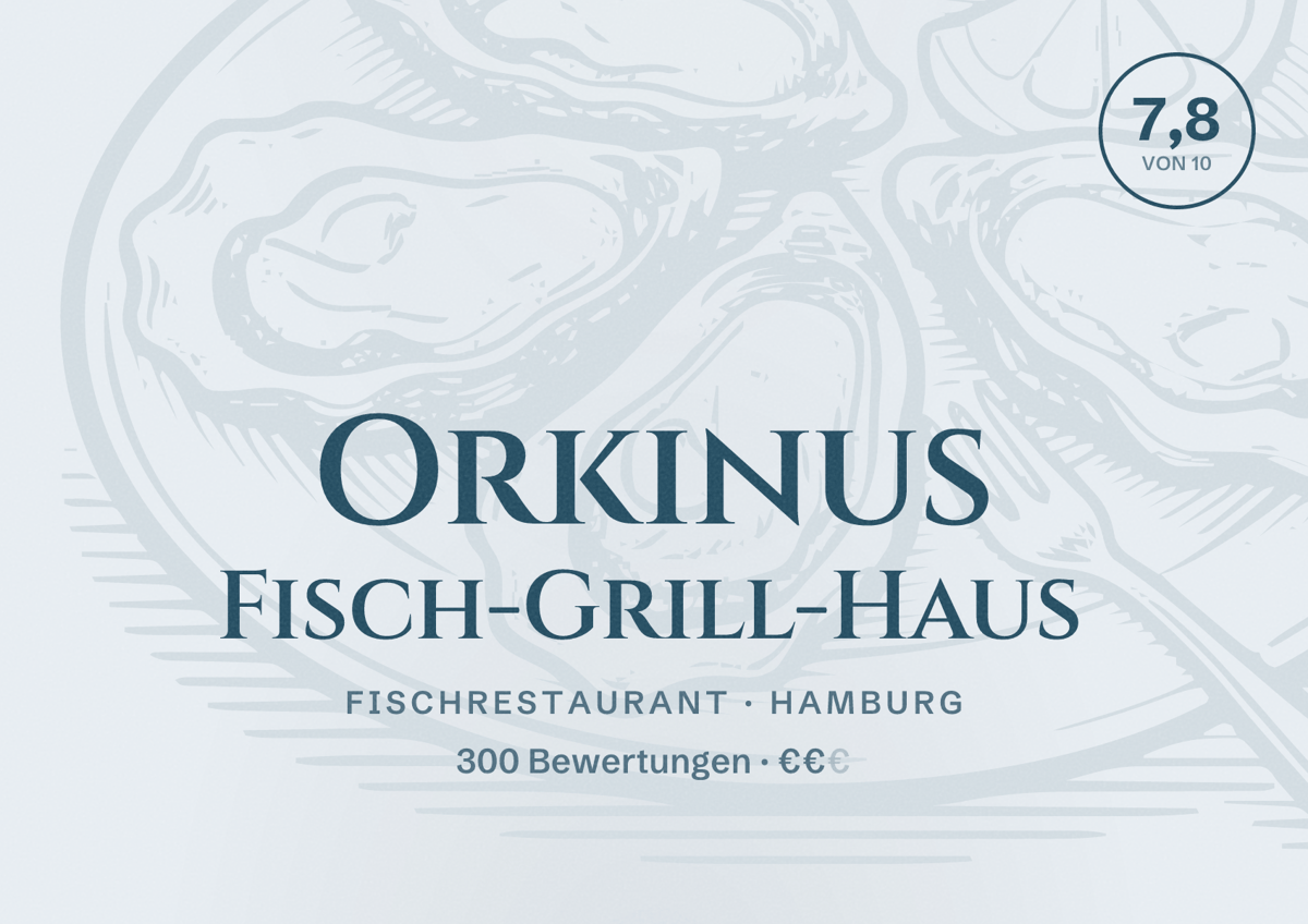 Illustriertes Poster von Orkinus Fisch-Grill-Haus, Fischrestaurant in Hamburg: Bewertung 7,8 von 10 aus 300 Bewertungen, Preisniveau €€
