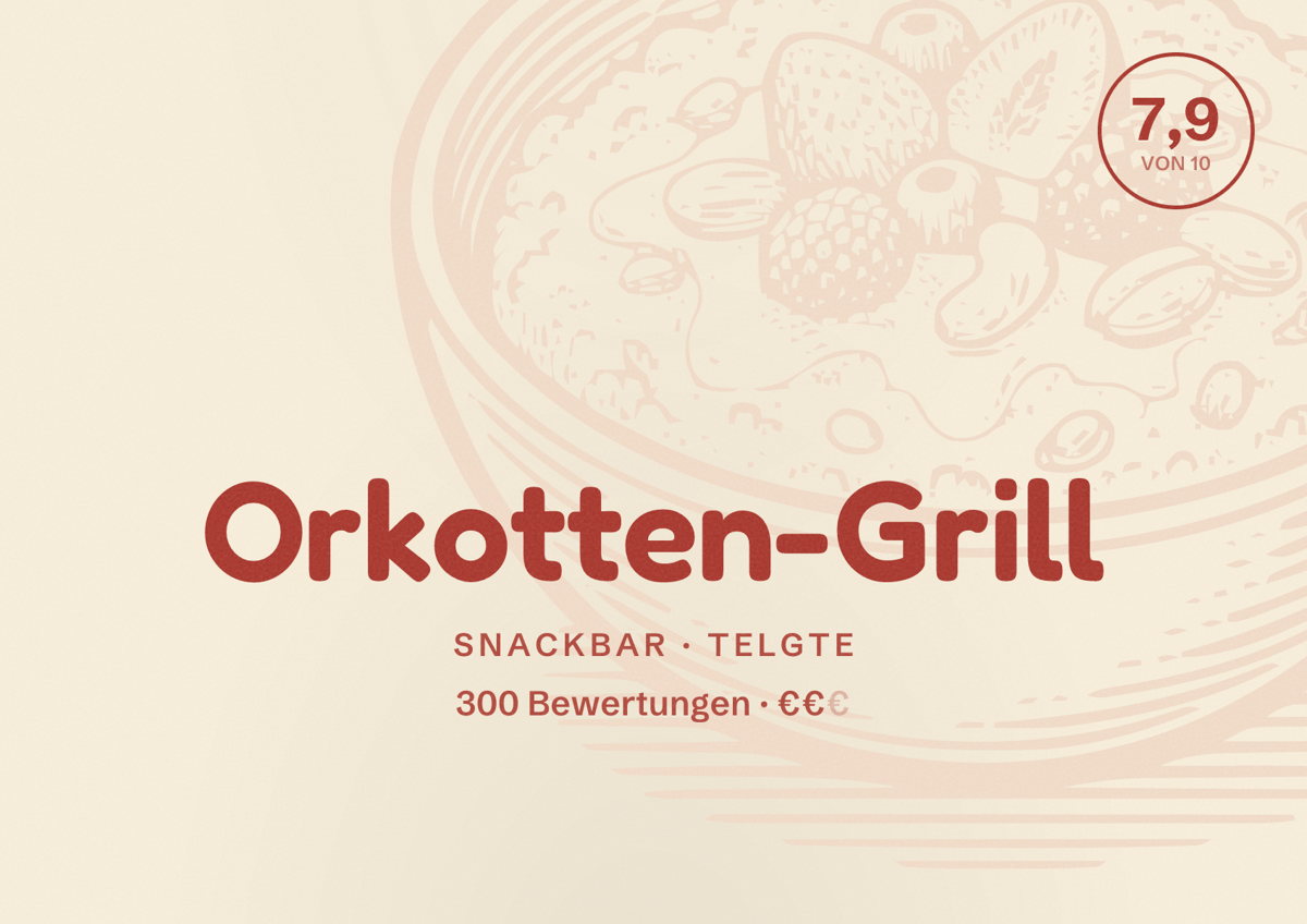Illustriertes Poster von Orkotten-Grill, Snackbar in Telgte: Bewertung 7,9 von 10 aus 300 Bewertungen, Preisniveau €€