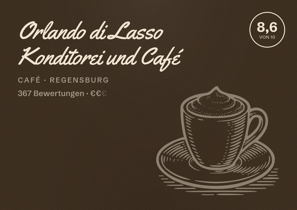 Illustriertes Poster von Orlando di Lasso Konditorei und Café, Café in Regensburg: Bewertung 8,6 von 10 aus 367 Bewertungen, Preisniveau €€
