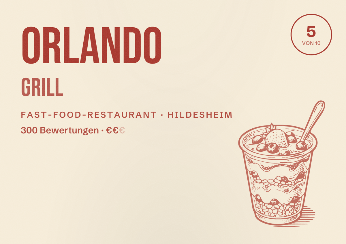 Illustriertes Poster von Orlando Grill, Fast-Food-Restaurant in Hildesheim: Bewertung 5 von 10 aus 300 Bewertungen, Preisniveau €€