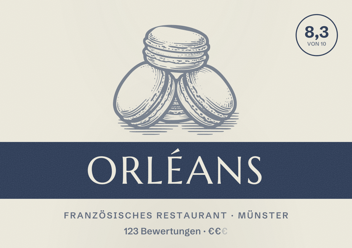 Illustriertes Poster von Orléans, Französisches Restaurant in Münster: Bewertung 8,3 von 10 aus 123 Bewertungen, Preisniveau €€