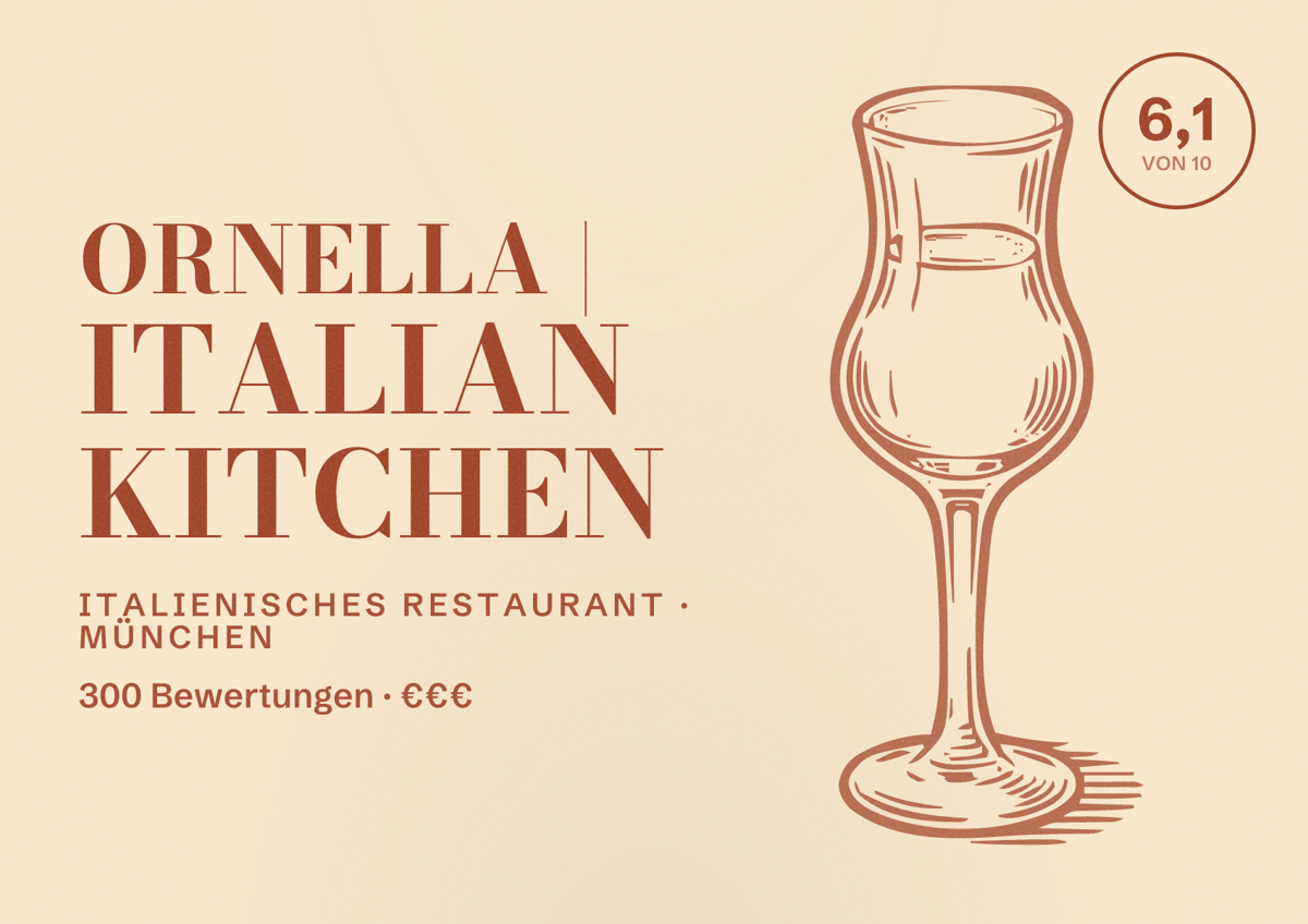 Illustriertes Poster von Ornella | Italian Kitchen, Italienisches Restaurant in München: Bewertung 6,1 von 10 aus 300 Bewertungen, Preisniveau €€€