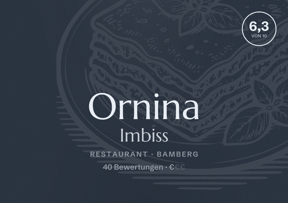 Illustriertes Poster von Ornina Imbiss, Restaurant in Bamberg: Bewertung 6,3 von 10 aus 40 Bewertungen, Preisniveau €
